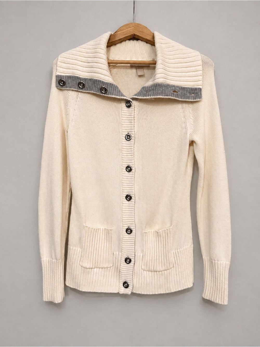Banana Republic Cardigan Women Small Cream Cotton Shawl Collar Button Up